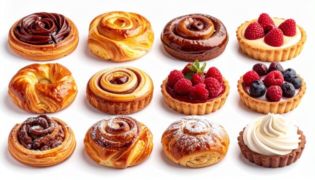 Assorted freshly baked pastries arranged in a neat grid, featuring cinnamon rolls, croissants, berry tarts, danishes, and sweet buns with powdered sugar, isolated on white background.