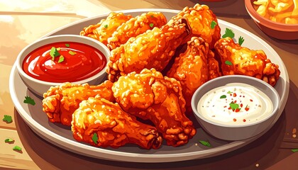 A plate of fried chicken with dipping sauces