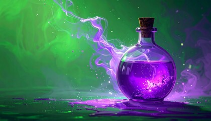 A glowing purple potion in a glass bottle on a mystical surface