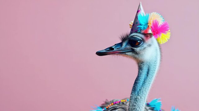 An amusing ostrich wearing a festive party hat and boa, against a vibrant pink background. The bird's expression suggests it is not enjoying the celebration.