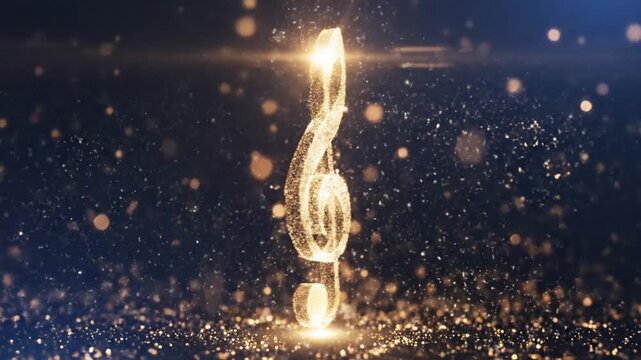 Glowing treble clef formed by golden particles on dark background