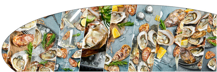 Photo collage. A lot of opened fresh oysters close-up. Healthy seafood. Gourmet and luxury food © Yaruniv-Studio