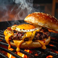 A grilled burger with melted cheese and egg on top