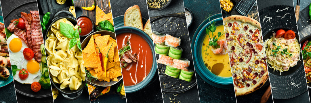 Food and drinks. Various gourmet healthy dishes collage menu design, horizontal image.