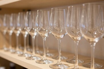 Elegant Wine Glasses Arranged on Shelf, Ready for Service in Restaurant or Bar, Hospitality Concept