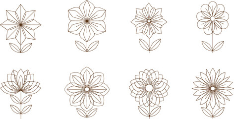 Obraz premium Set of minimalist floral line art vector flowers decorative botanical elements elegant symmetrical outline collection isolated