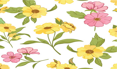 Fototapeta premium Bright Yellow and Pink Floral Seamless Pattern with Garden Blossoms and Green Leaves Decorative Vector Background