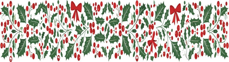 Christmas Holly Berry Seamless Border Pattern with Green Leaves Red Berries and Festive Bows Winter Holiday Vector © Sumon Creative