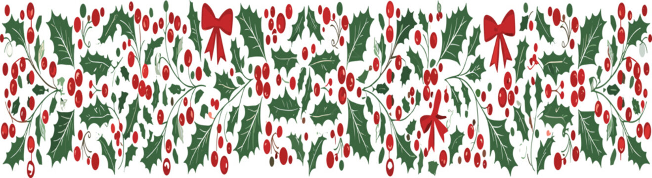 Christmas Holly Berry Seamless Border Pattern with Green Leaves Red Berries and Festive Bows Winter Holiday Vector
