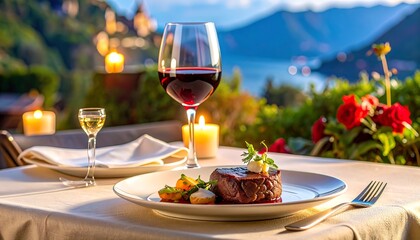 A romantic candlelit dinner setup with a plate of food and wine