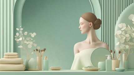 ミントグリーンに包まれたミニマルビューティーサロンの静寂ポートレート