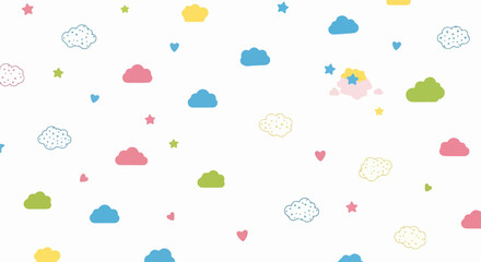 Cute Pastel Clouds, Stars, and Hearts Seamless Pattern