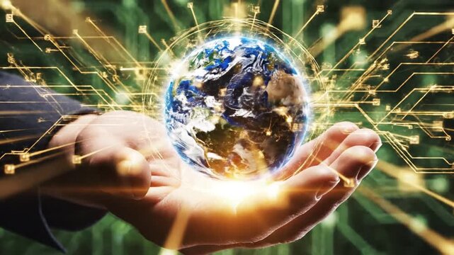 Hand holding glowing Earth globe with digital circuit background