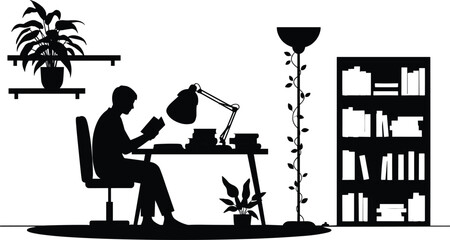 Silhouette of person sitting at desk reading book in home office with desk lamp, bookshelves, indoor plants, and floor lamp interior. © Monira