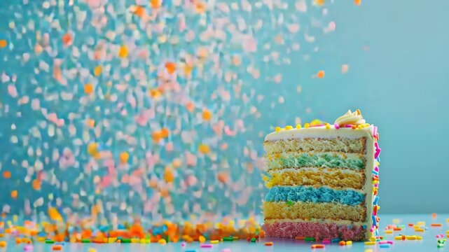 A colorful layered cake with sprinkles and confetti on a blue surface.