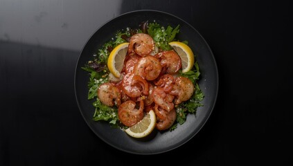 Fototapeta premium Delicious squid dish with lemon, garlic, and salad on a black surface, overhead view. Room for text