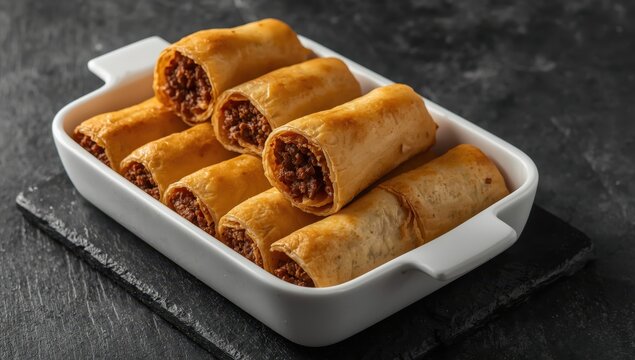 Classic Turkish crispy meat-filled borek rolls in filo pastry, presented on a stylish Nordic tray atop a black surface