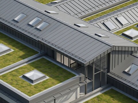 Sustainable architectural building showcasing integrated green roofing system