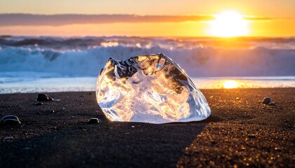 A large piece of transparent ice on a beach at sunset