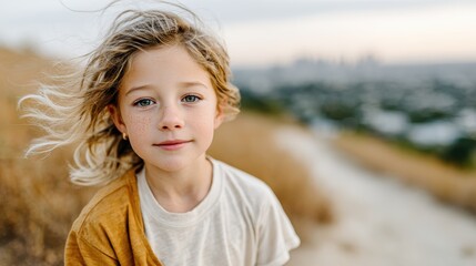 Fototapeta premium A young child with a radiant smile stands on a grassy hill, basking in the warmth of the sun and the beauty of the surrounding nature, reflecting innocence and joy in a serene setting.