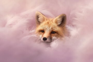 Obraz premium Cuddly red fox peeking through soft pink feathers
