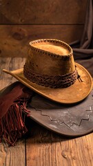 A rustic cowboy hat on a wooden table with leather accessories