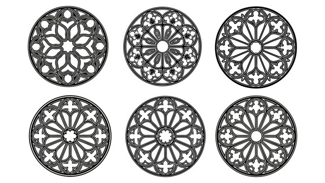 vector art of gothic rose window tracery designs ornamental architectural patterns for european church and medieval historical projects.
