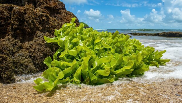 Close-up of ulva lactuca, or sea lettuce, clinging to rocks at Gunung Kidul's Butuh Beach