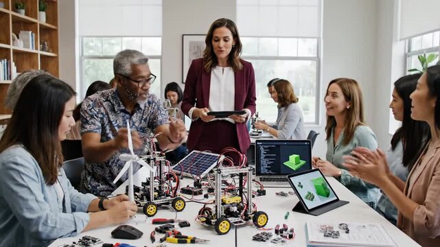 Diverse students building robots and discussing renewable energy concepts