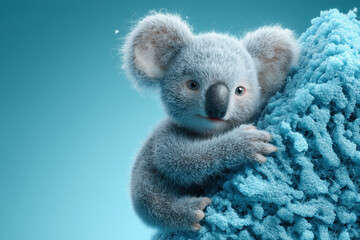 Cuddly koala bear climbing blue textured surface with curious expression