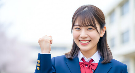 ガッツポーズをする女子高生 合格発表