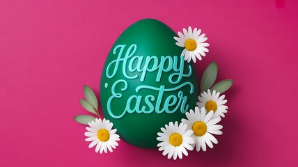 Fototapeta premium Happy easter green egg with flowers on pink background 