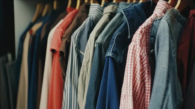 This showcases an assortment of men's shirts in a retail setting, with different styles and colors visible.