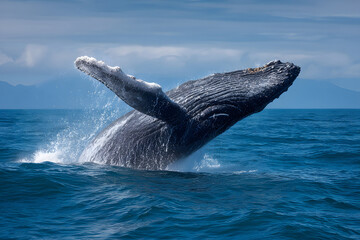 Naklejka premium Humpback whale breaches the ocean surface during a sunny day in a tranquil marine environment