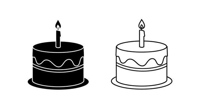 Two birthday cakes with candles on top, simple black and white illustration Vector