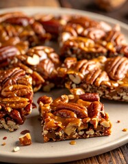 A plate of caramelized pecan bars on a wooden table