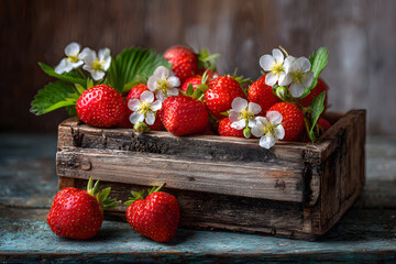 Fresh strawberries and white flowers in a rustic wooden box on a wooden table