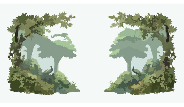 Decorative Vrindavan Forest Frame Backdrop with Peacocks Birds and Floral Greenery Realistic Oil Painting Style Vector Illustration Isolated on White Background