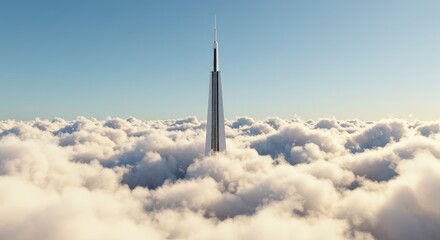 A sleek skyscraper pierces through the clouds, standing tall amidst a sea of white, viewed from a distant aerial perspective showcasing modern architecture