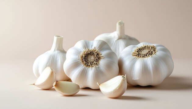 Garlic Bulbs and Cloves on White Surface.