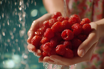 Holding fresh raspberries under running water in a vibrant kitchen setting during daytime