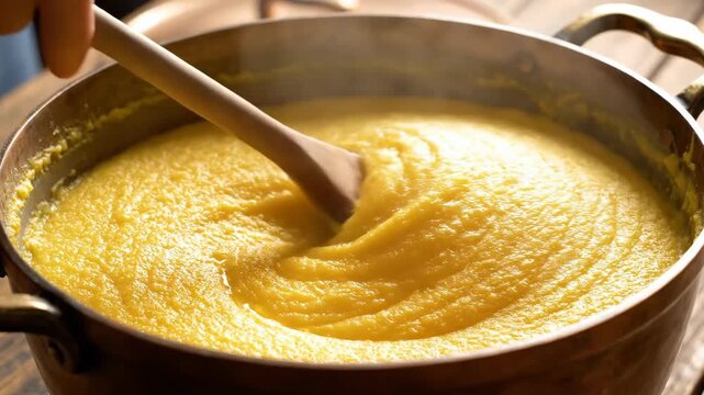 Hot polenta being stirred with melting butter in pot 4K Video