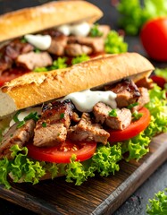 A mouthwatering sandwich with steak, lettuce, and tomato