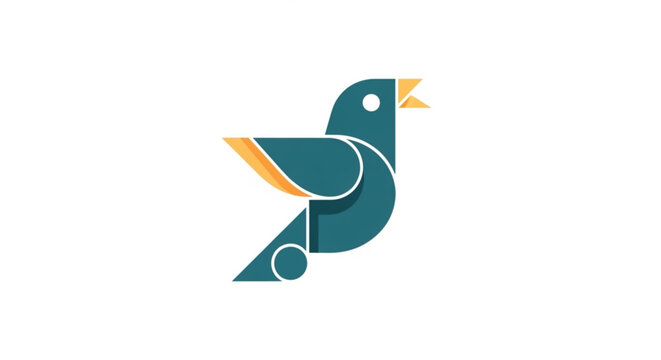Teal and yellow bird icon with white accents singing or chirping isolated on white background simple geometric design