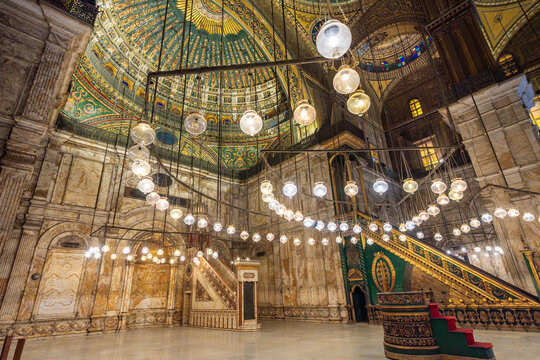 Ornate Interior of the Mosque of Muhammad Ali (Alabaster Mosque) with Dome, Chandeliers, Mihrab and Minbar, Cairo, Egypt