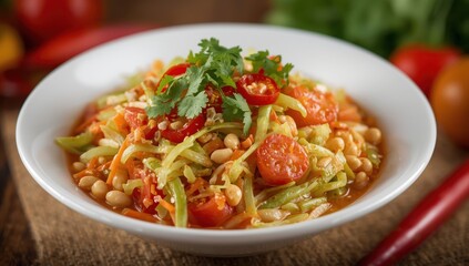 "Tum Pa" is a tangy Thai papaya salad made with diverse vegetables, fermented fish sauce, and sometimes crab