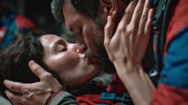 A man and a woman share an intimate kiss, expressing deep emotion and connection in a dramatic moment.