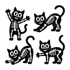 Obraz premium Four adorable black cat skeleton illustrations in cheerful poses, perfect for Halloween and festive graphic elements.
