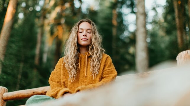 A woman in a cozy sweater meditates peacefully among trees, lost in thought. This harmonious scene captures the essence of tranquility and self-reflection in nature.