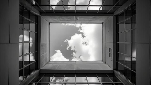 An urban atrium showcases the beauty of a rainy day, with raindrops and reflections captured on glass panels and floors.